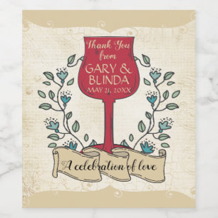 Faux aged paper doodle wine glass laurel wedding label