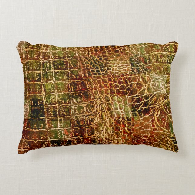 Faux Alligator Animal Skin Leather Red Brown Accent Pillow (Front)