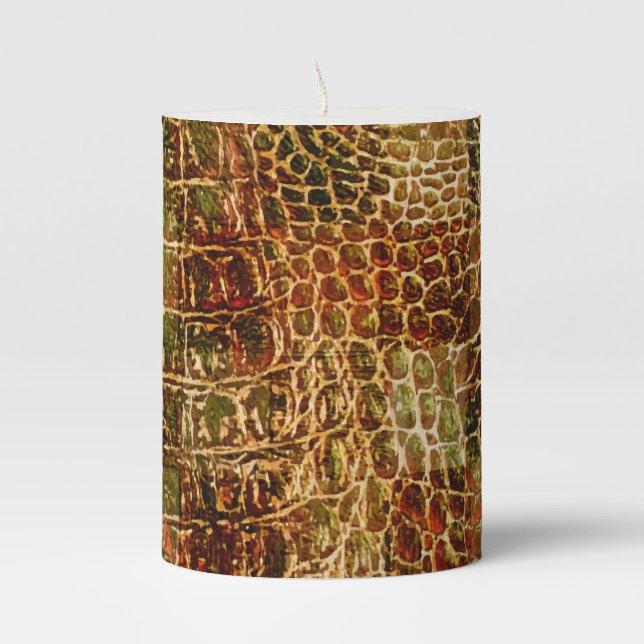 Faux Alligator Animal Skin Leather Red Brown Pillar Candle (Front)