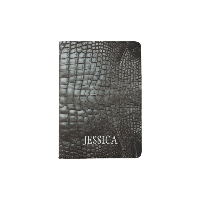 Faux Alligator Skin Elegant Black Personalized Passport Holder (Front)