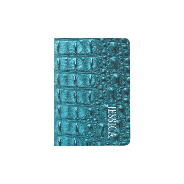 Faux Alligator Skin Turquoise Blue Personalized Passport Holder (Front)