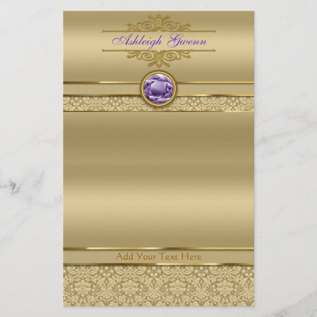 Faux Amethyst Gemstone Shiny Metallic Gold Damask Stationery (Front)