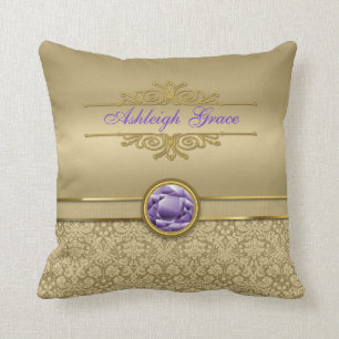 Faux Amethyst Gemstone Shiny Metallic Gold Damask Throw Pillow