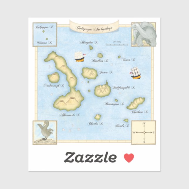 Faux Antique Galapagos Archipelago Map With Ships Sticker (Sheet)