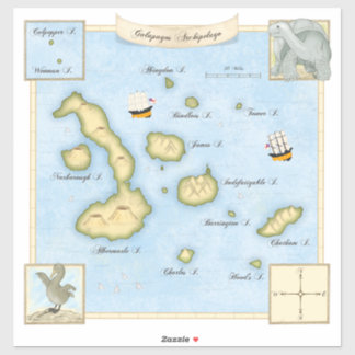 Faux Antique Galapagos Archipelago Map With Ships Sticker