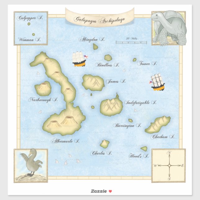 Faux Antique Galapagos Archipelago Map With Ships Sticker (Sheet)