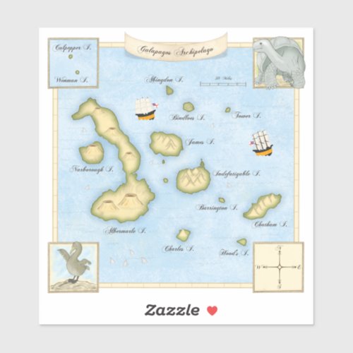 Faux Antique Galapagos Archipelago Map With Ships Sticker