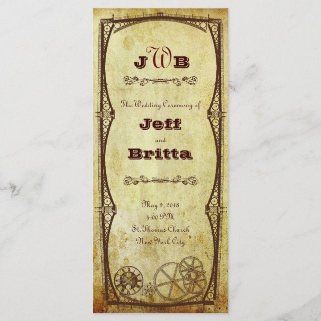 Faux Antique Gold Victorian Steampunk Wedding Program (Front)