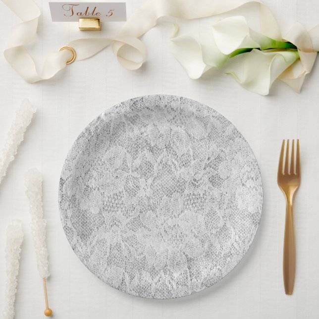 Faux antique white lace printed paper plates (Wedding)