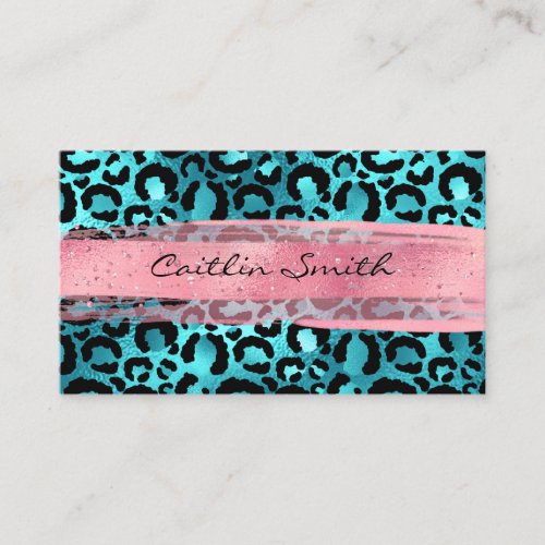 Faux Aqua Blue Foil Leopard Pink Brush Stroke Business Card