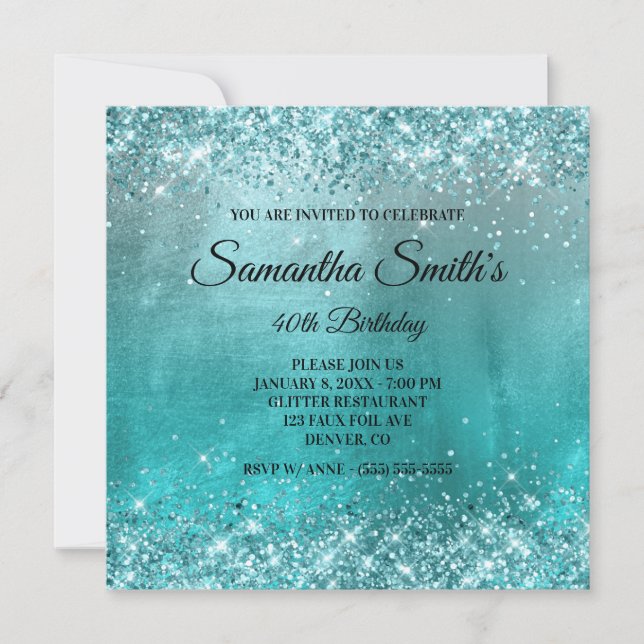 Faux Aqua Blue Glitter and Foil 40th Birthday Invitation (Front)