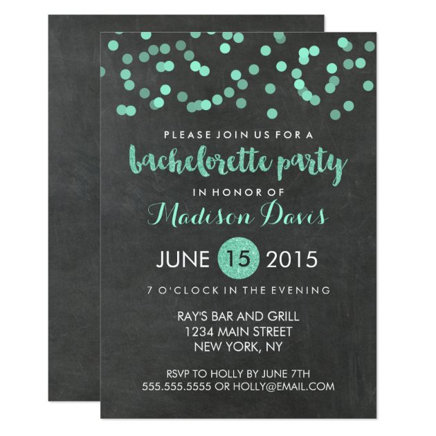 Faux Aqua Glitter Chalkboard Bachelorette Party Invitation