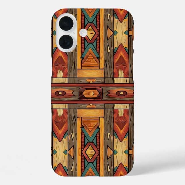 Faux Aztec wood grain iPhone 16 Plus Case (Back)
