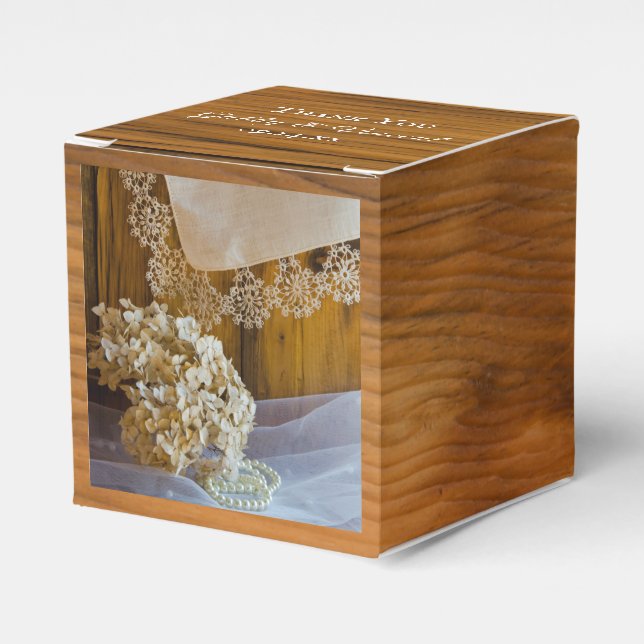 Faux Barn Wood Country Lace Rustic Wedding Favor Boxes (Front Side)