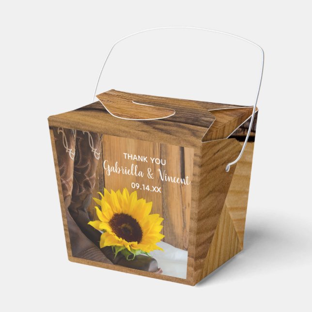 Faux Barn Wood Country Sunflower Western Wedding Favor Boxes (Front Side)