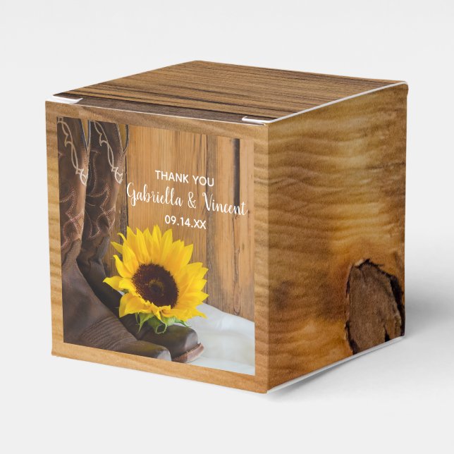 Faux Barn Wood Country Sunflower Western Wedding Favor Boxes (Front Side)