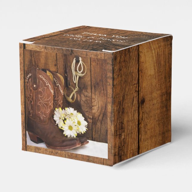 Faux Barn Wood Cowboy Boots Daisies Horse Wedding Favor Boxes (Front Side)