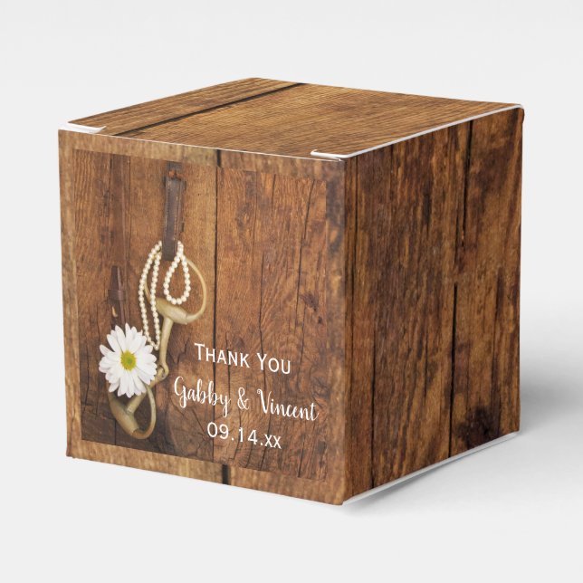 Faux Barn Wood Daisy Horse Bit Western Wedding Favor Boxes (Front Side)
