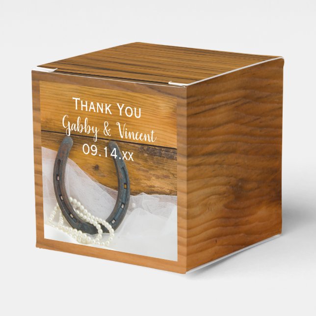 Faux Barn Wood Horseshoe and Pearls Rustic Wedding Favor Boxes (Front Side)