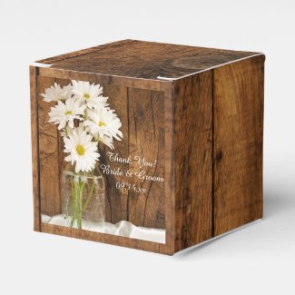 Faux Barn Wood Mason Jar and White Daisies Wedding Favor Box