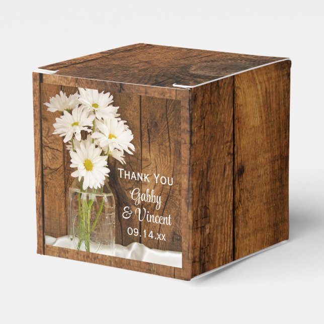 Faux Barn Wood Mason Jar and White Daisies Wedding Favor Boxes (Front Side)