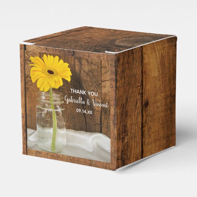 Faux Barn Wood Mason Jar and Yellow Daisy Wedding Favor Boxes (Front Side)
