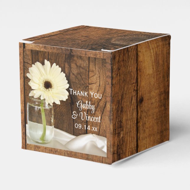 Faux Barn Wood Mason Jar White Daisy Barn Wedding Favor Boxes (Front Side)