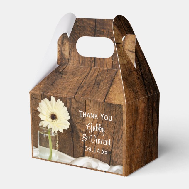 Faux Barn Wood Mason Jar White Daisy Barn Wedding Favor Boxes (Front Side)