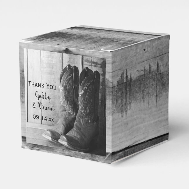 Faux Barn Wood Rustic Cowboy Boots Western Wedding Favor Boxes (Front Side)