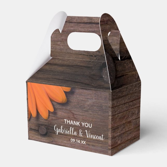 Faux Barn Wood Rustic Orange Daisy Wedding Favor Boxes (Front Side)