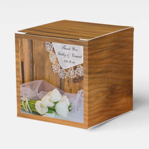 Faux Barn Wood Rustic White Tulips Barn Wedding Favor Boxes