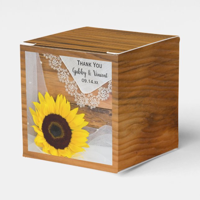 Faux Barn Wood Sunflower and Lace Country Wedding Favor Boxes (Front Side)