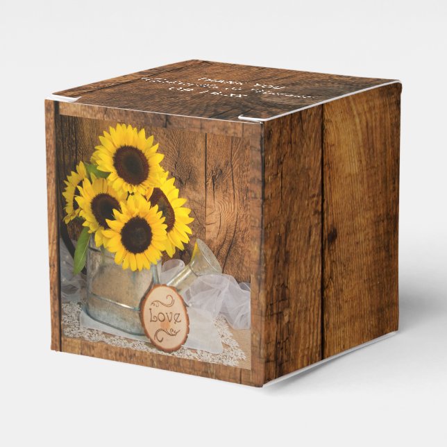Faux Barn Wood, Sunflower and Watering Can Wedding Favor Boxes (Front Side)
