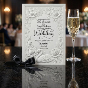 Faux Bas Relief Swan Rose Formal Garden Wedding Invitation