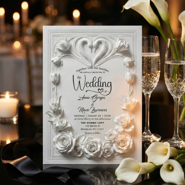Faux Bas Relief Swans Heart Classical Wedding Invitation (Creator Uploaded)