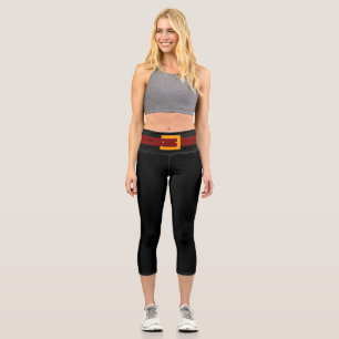 Faux Belt Buckle Capri Leggings - Black Brown Chic