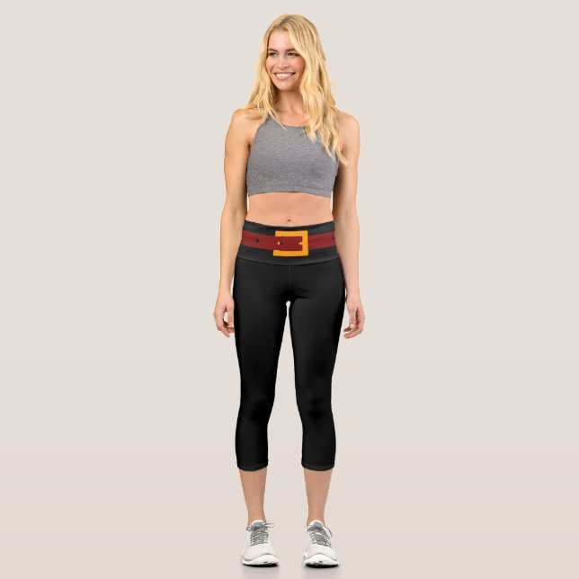Faux Belt Buckle Capri Leggings - Black Brown Chic (Front)