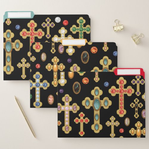 Faux Birthstone Crosses and Loose Gems on Black File Folder