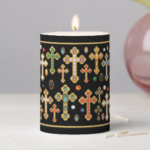 Faux Birthstone Crosses and Loose Gems on Black Pillar Candle