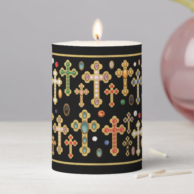 Faux Birthstone Crosses and Loose Gems on Black Pillar Candle (In Situ)