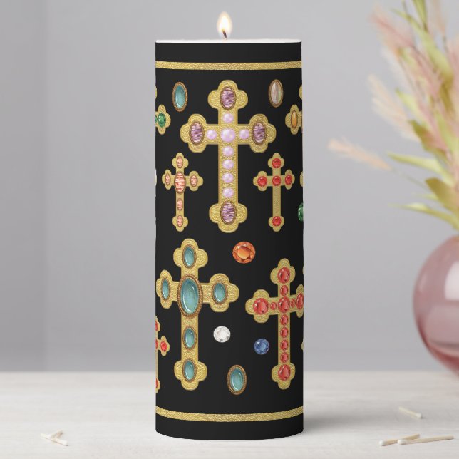 Faux Birthstone Crosses and Loose Gems on Black Pillar Candle (In Situ)