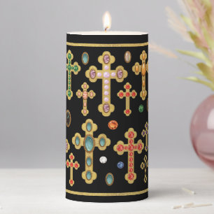 Faux Birthstone Crosses and Loose Gems on Black Pillar Candle