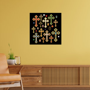 Faux Birthstone Crosses and Loose Gems on Black Poster
