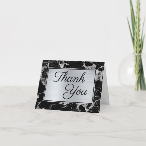 Faux Black and Silver Marble Elegant Calligraphy Thank You Card