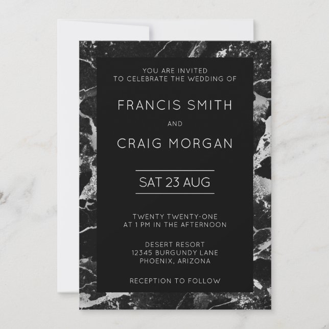 Faux Black and Silver Marble Modern Wedding Invitation (Front)