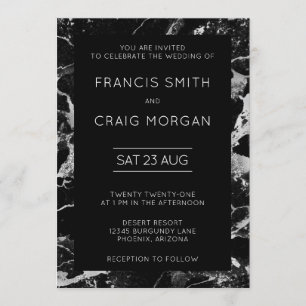 Faux Black and Silver Marble Modern Wedding Invitation