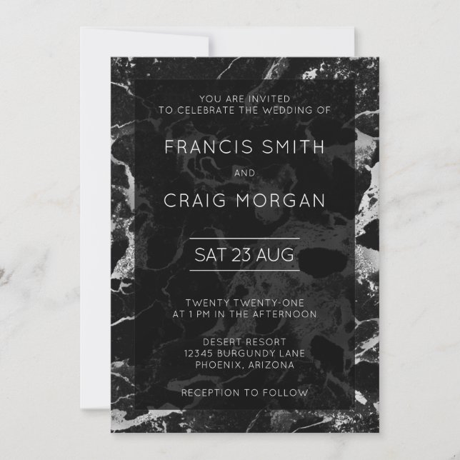 Faux Black and Silver Marble Wedding Invitation (Front)