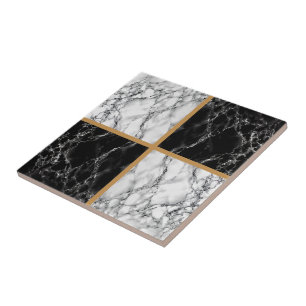 Faux Black and White Marble Gold Line Ceramic Tile