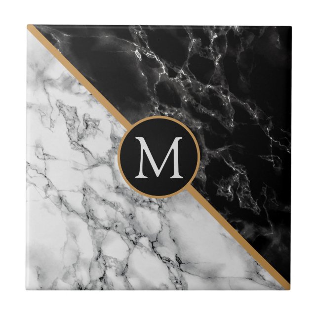 Faux Black and White Marble Personalized Tile (Front)