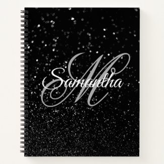 Faux Black Bokeh Glitter Fancy Monogram Notebook